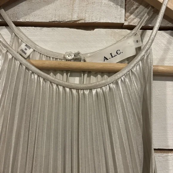 A.L.C Weston Pleated Midi Cocktail Dress Sz 6 Silver Metallic Sleeveless - Picture 2 of 11